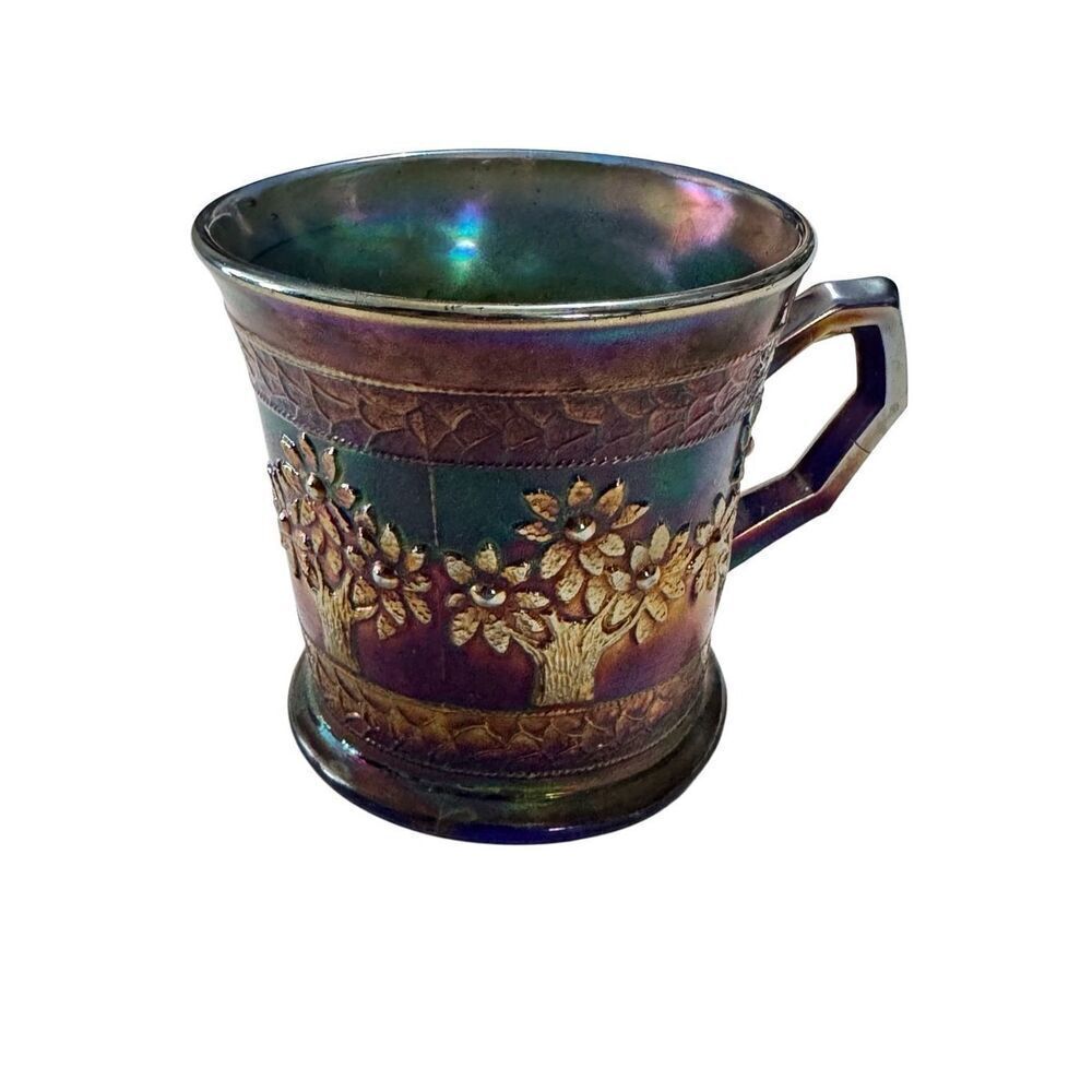 Fenton Carnival Glass Orange Tree Cobalt Blue Inside Mug 3-1/2" Tall Stunning